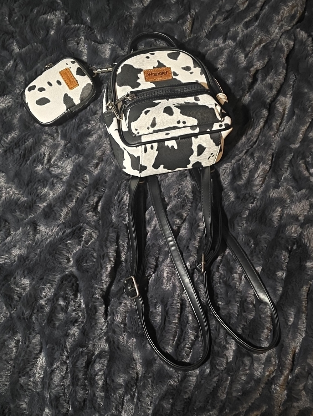Wrangler Black and White Cow-Print Mini Backpack with Coin Pouch